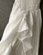 Flowering Girl Women White Strapless Ruched Pearl Draped Chiffon High Slit Maxi Gown