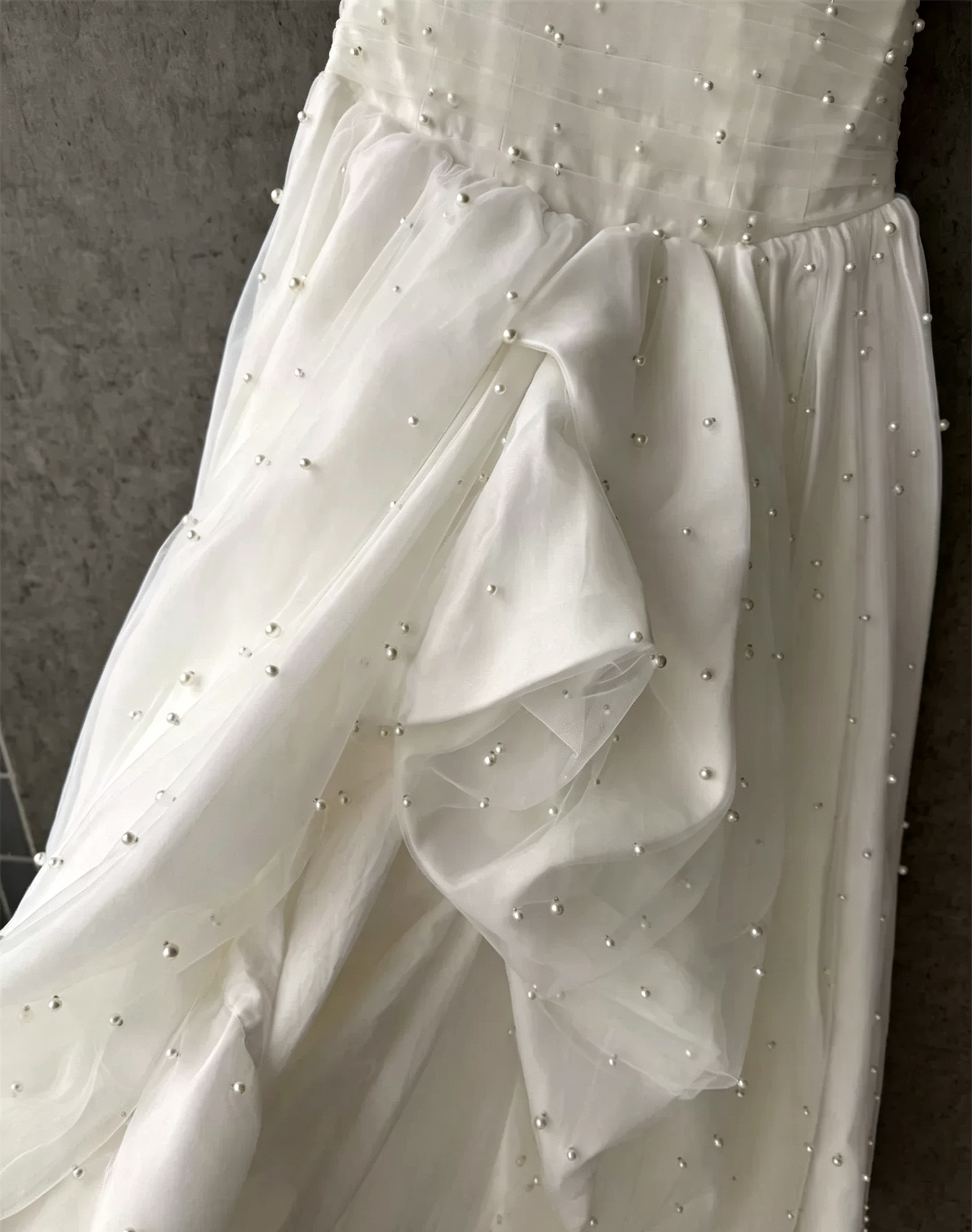 Flowering Girl Women White Strapless Ruched Pearl Draped Chiffon High Slit Maxi Gown