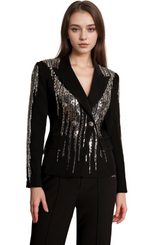 Flowering Girl Women andrea Faidra Rhinestone Double Breasted Lapel Blazer in black