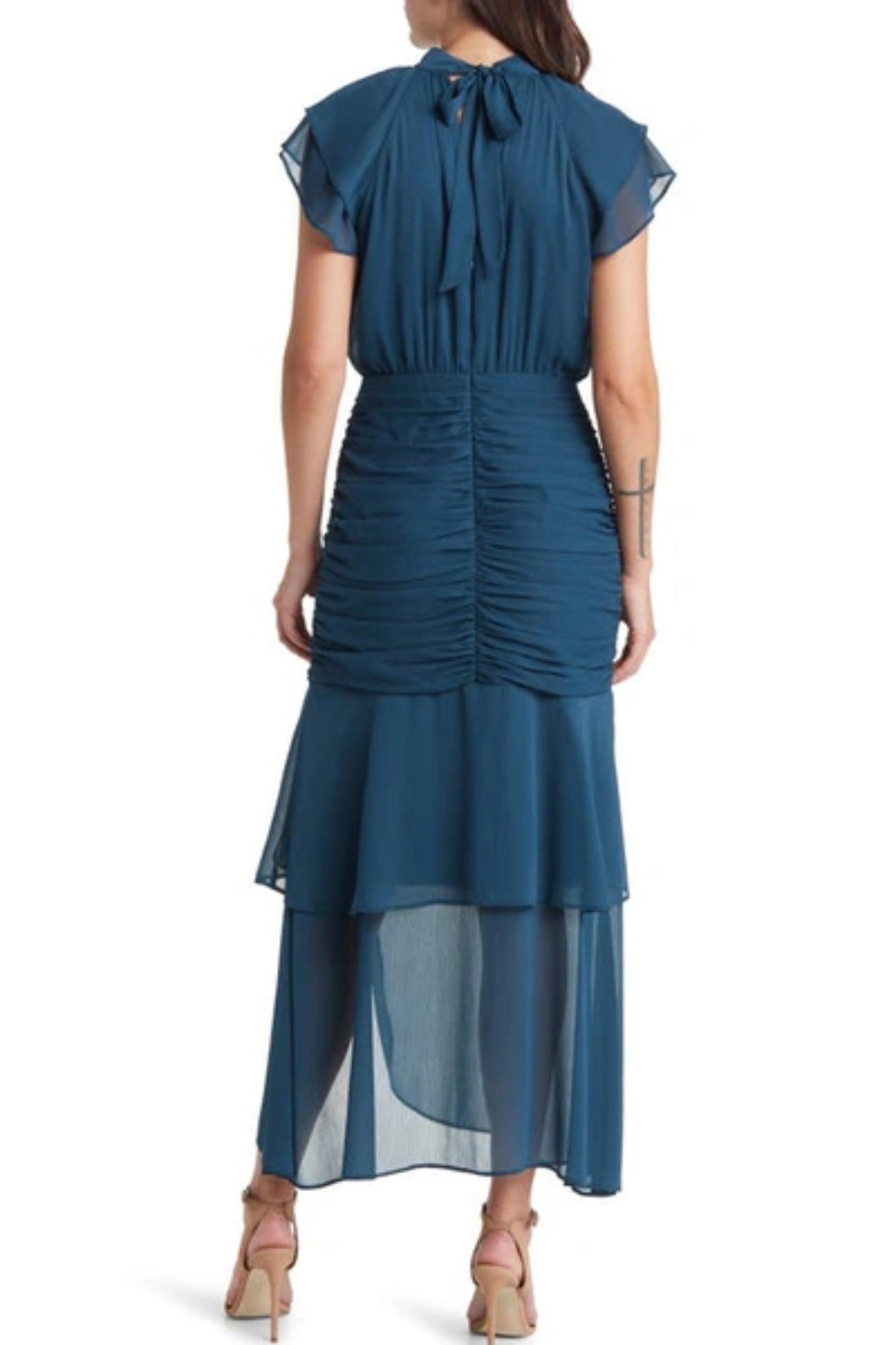 Flowering Girl Women Ruched Ruffle Chiffon Maxi Dress In Teal