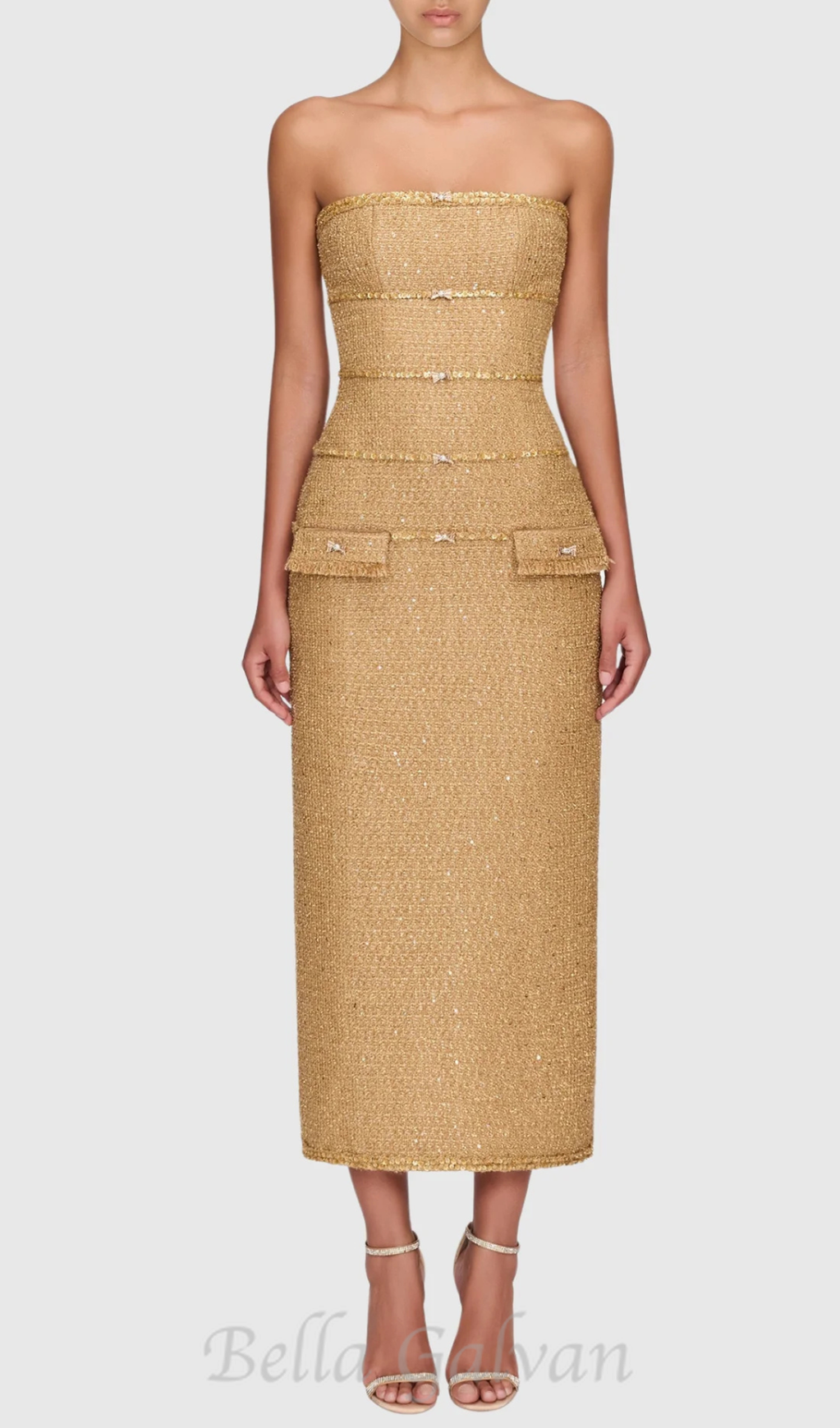 Flowering Girl Women Elborno Gold Embellished Strapless Midi Dress