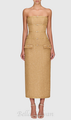 Flowering Girl Women Elborno Gold Embellished Strapless Midi Dress