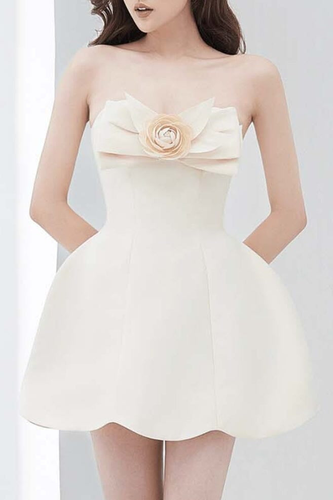 Cream Strapless Mini Dress with 3D Floral Bow & Scalloped Hem