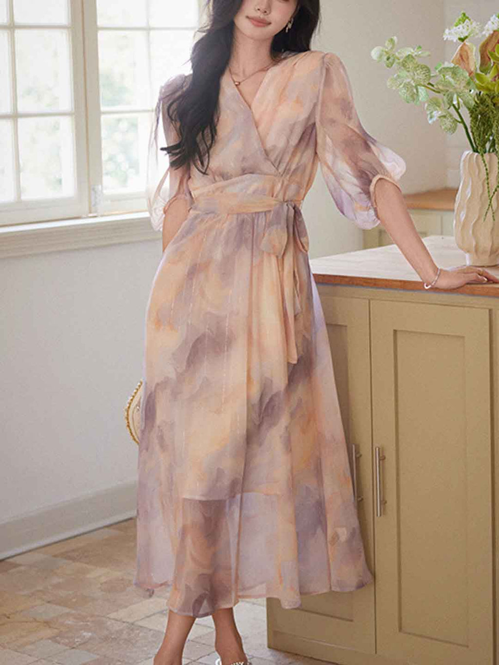 Flowering Girl Women phoenix Classic V-Neck Floral Printed Tie Dress