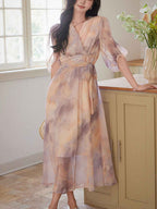 Flowering Girl Women phoenix Classic V-Neck Floral Printed Tie Dress