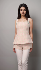 Flowering Girl Women Elegant Pink Tweed Short Set with Double Bow Back Detail