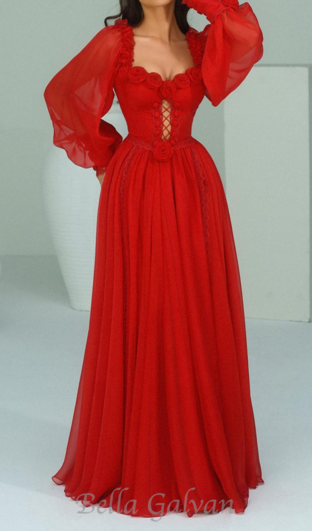 Flowering Girl Women Chiffon 3D Flower Long Sleeve Midi Dress in red