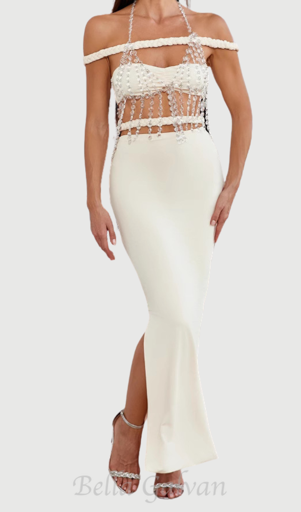 Flowering Girl Women crystal chain embellished fishtail skirt set in apricot