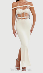Flowering Girl Women crystal chain embellished fishtail skirt set in apricot