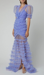 Flowering Girl Women v-neckline tiered mesh gown in blue