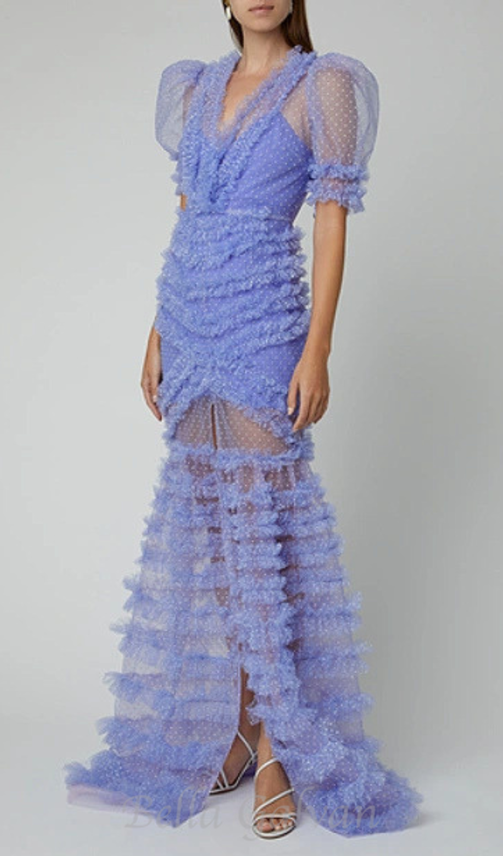 Flowering Girl Women v-neckline tiered mesh gown in blue