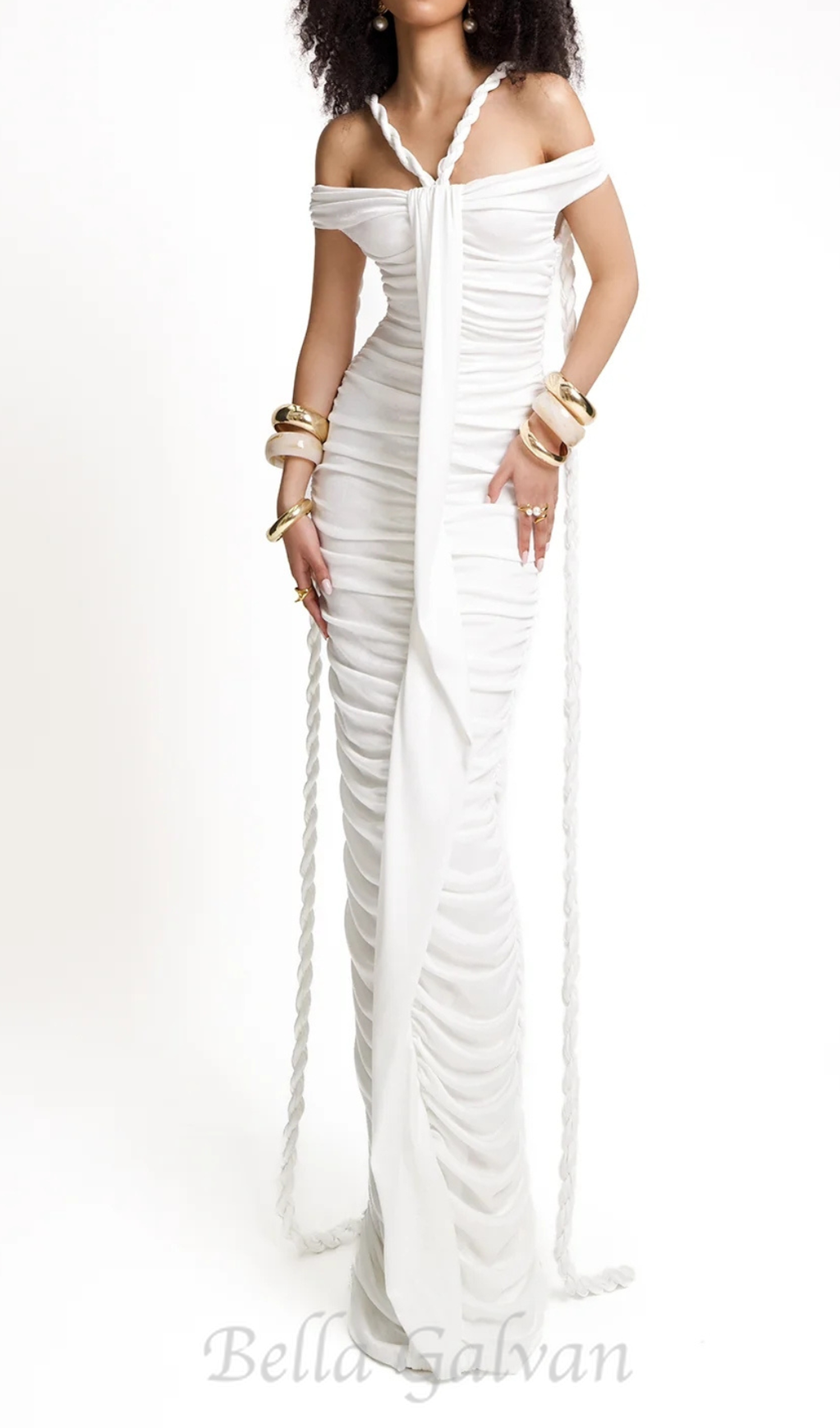 Flowering Girl Women cara white off-shoulder ruched bodycon maxi dress with rope embellished
