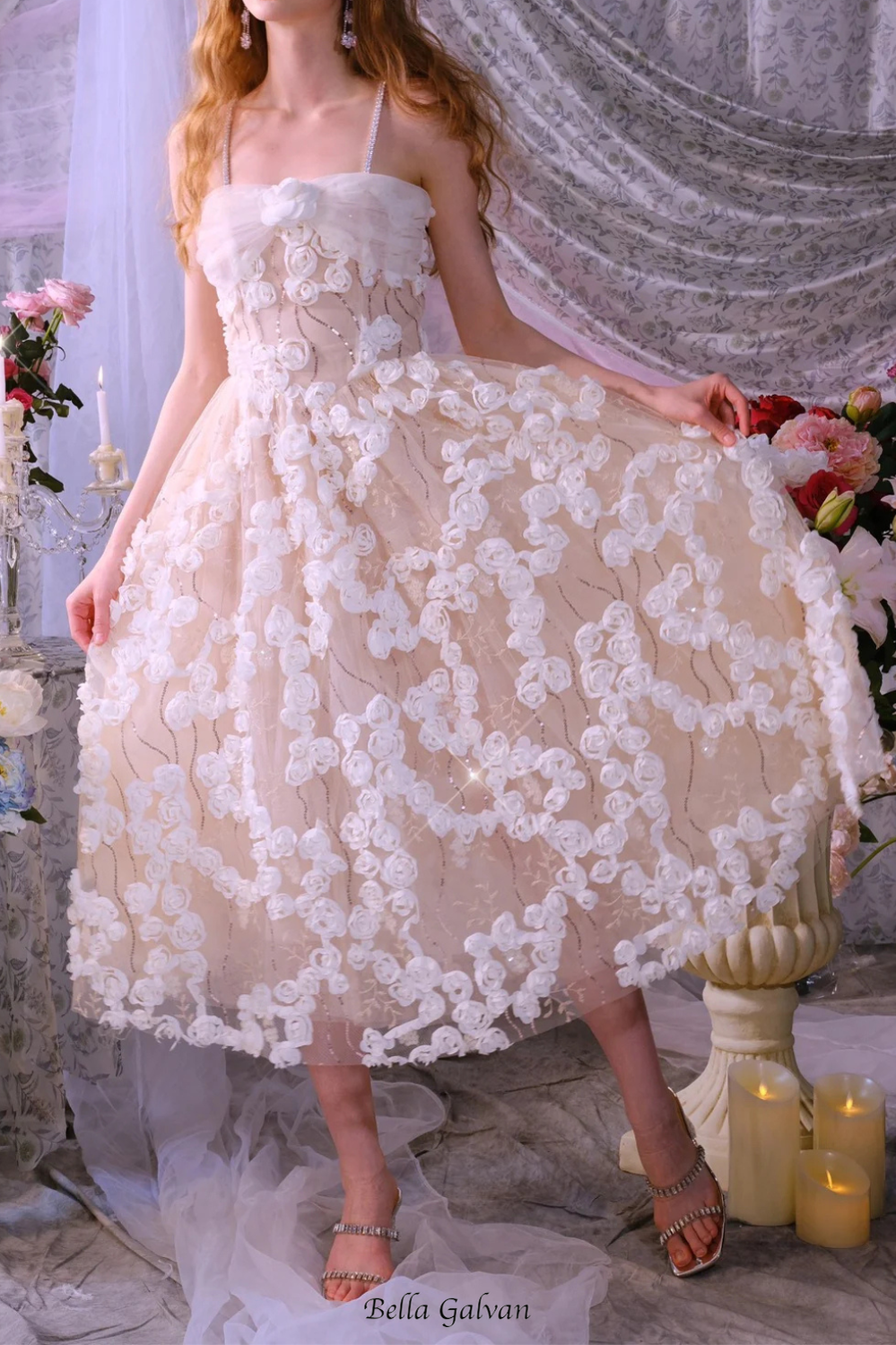 Flowering Girl Women Stereoscopic Flower Rhinestone Chain maxi Dress in white
