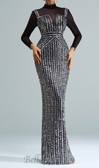Flowering Girl Women stand collar sequin panel maxi dress in black