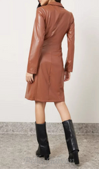 Flowering Girl Women notch lapel leather blazer dress in brown