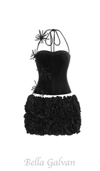 Flowering Girl Women velvet corset floral mini skirt suit in black