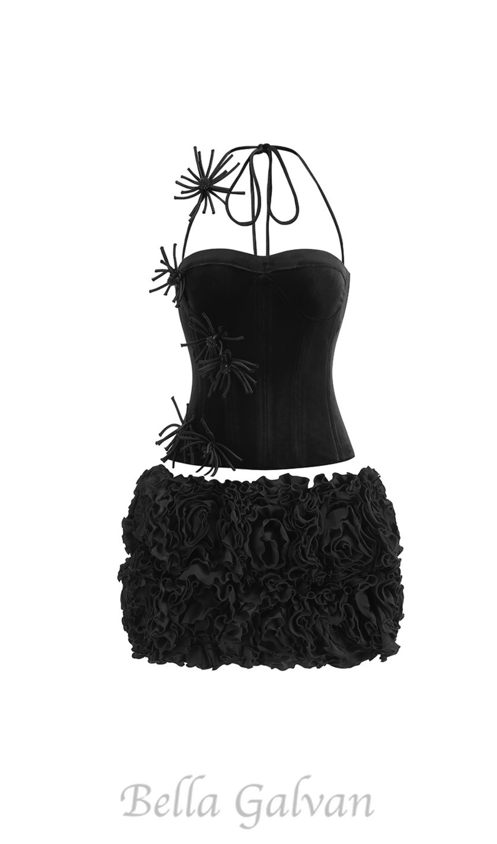 Flowering Girl Women velvet corset floral mini skirt suit in black