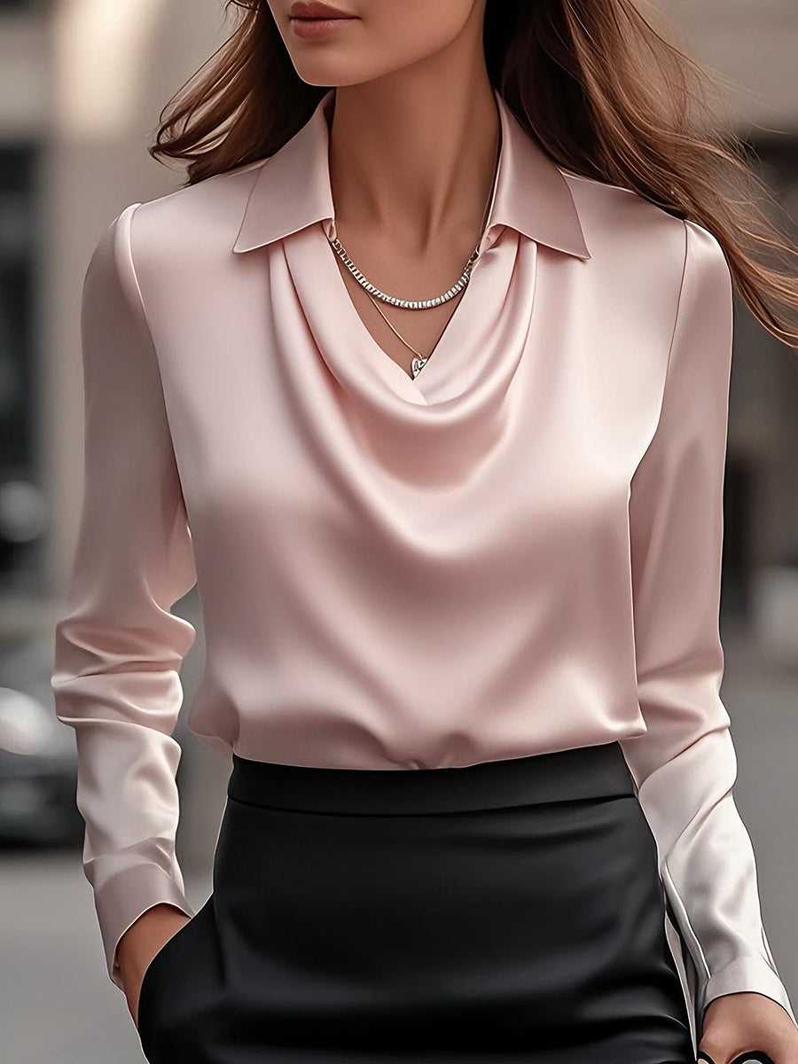 Flowering Girl Women Elegant White Satin Blouse With Draped Neckline