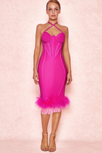 Flowering Girl Women ROSE RED OSTRICH FEATHER HALTER NECK BACKLESS TIGHT DRESS