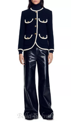 Flowering Girl Women Jill Tweed Contrast Trim Jacket in navy blue