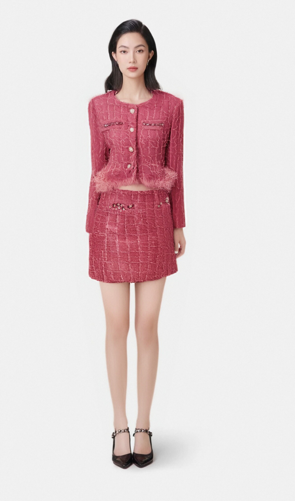 Flowering Girl Women Gisèle tweed fringed jacket & skirt matching set