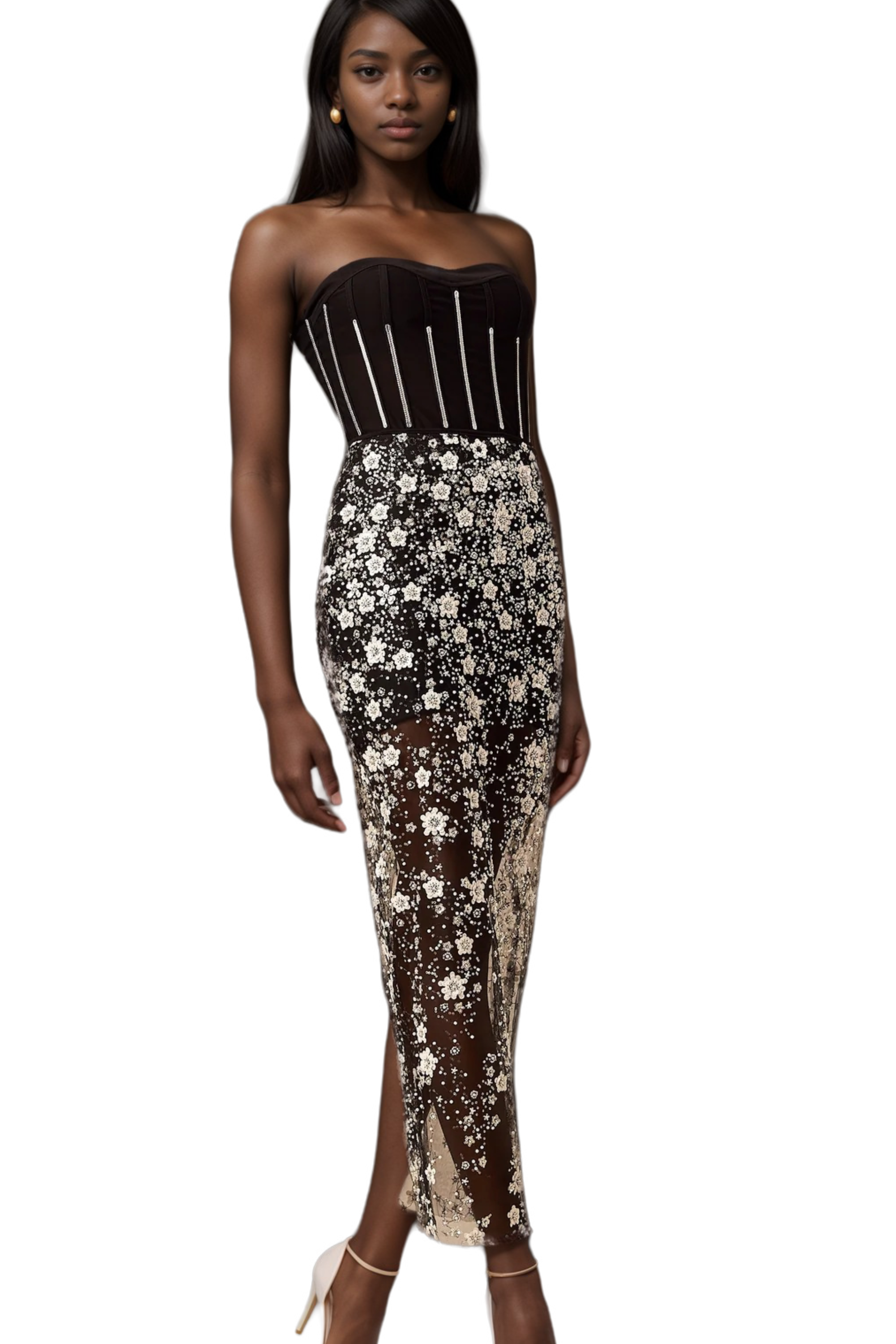 Flowering Girl Women Ophélie Black Sequined Flower Corset Midi Dress