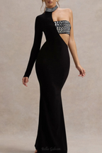 Flowering Girl Women crystal embellished One-Sleeve Cut-Out Maxi Dress in black