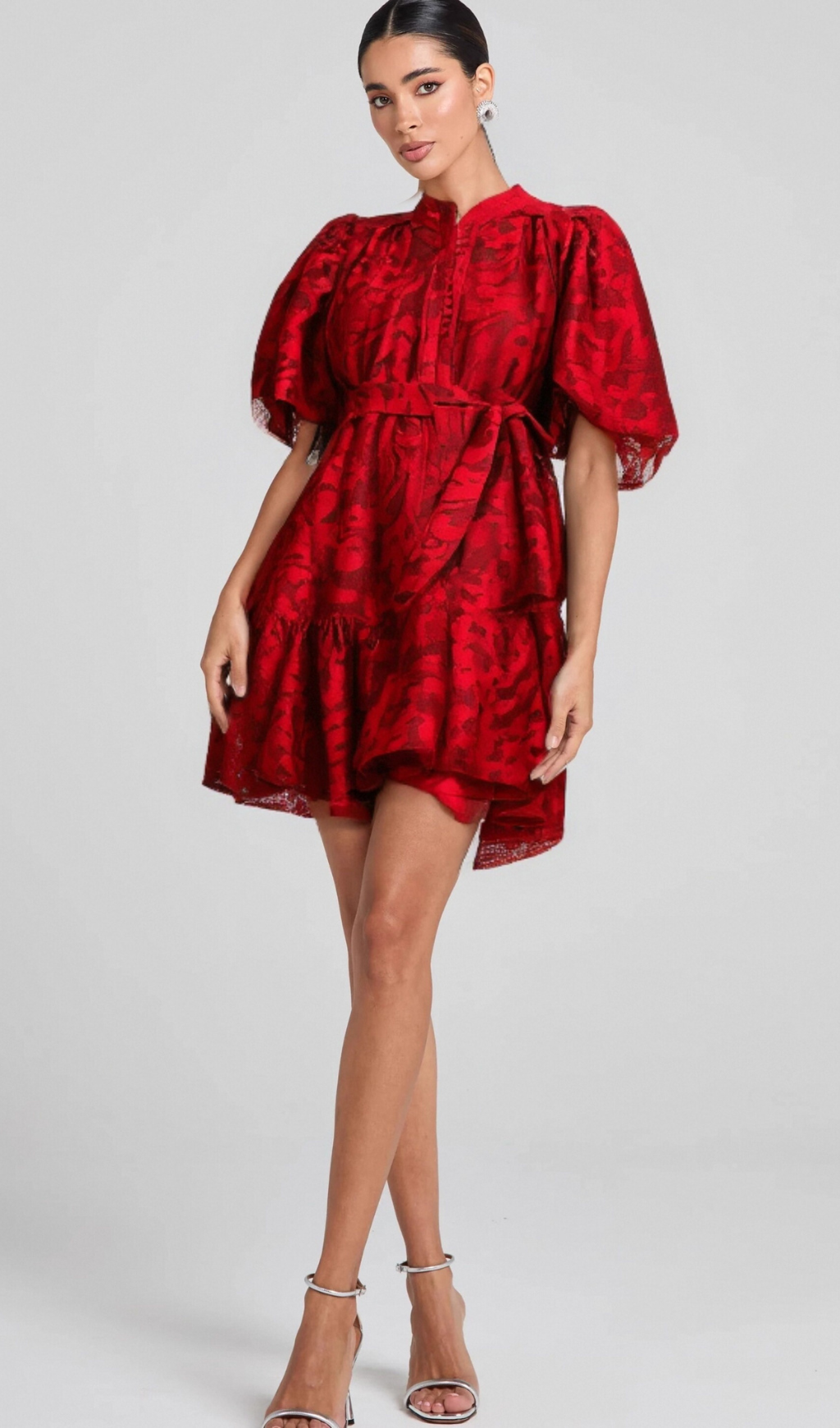 Flowering Girl Women AthÉnaÏs red jacquard semi-sheer mini dress