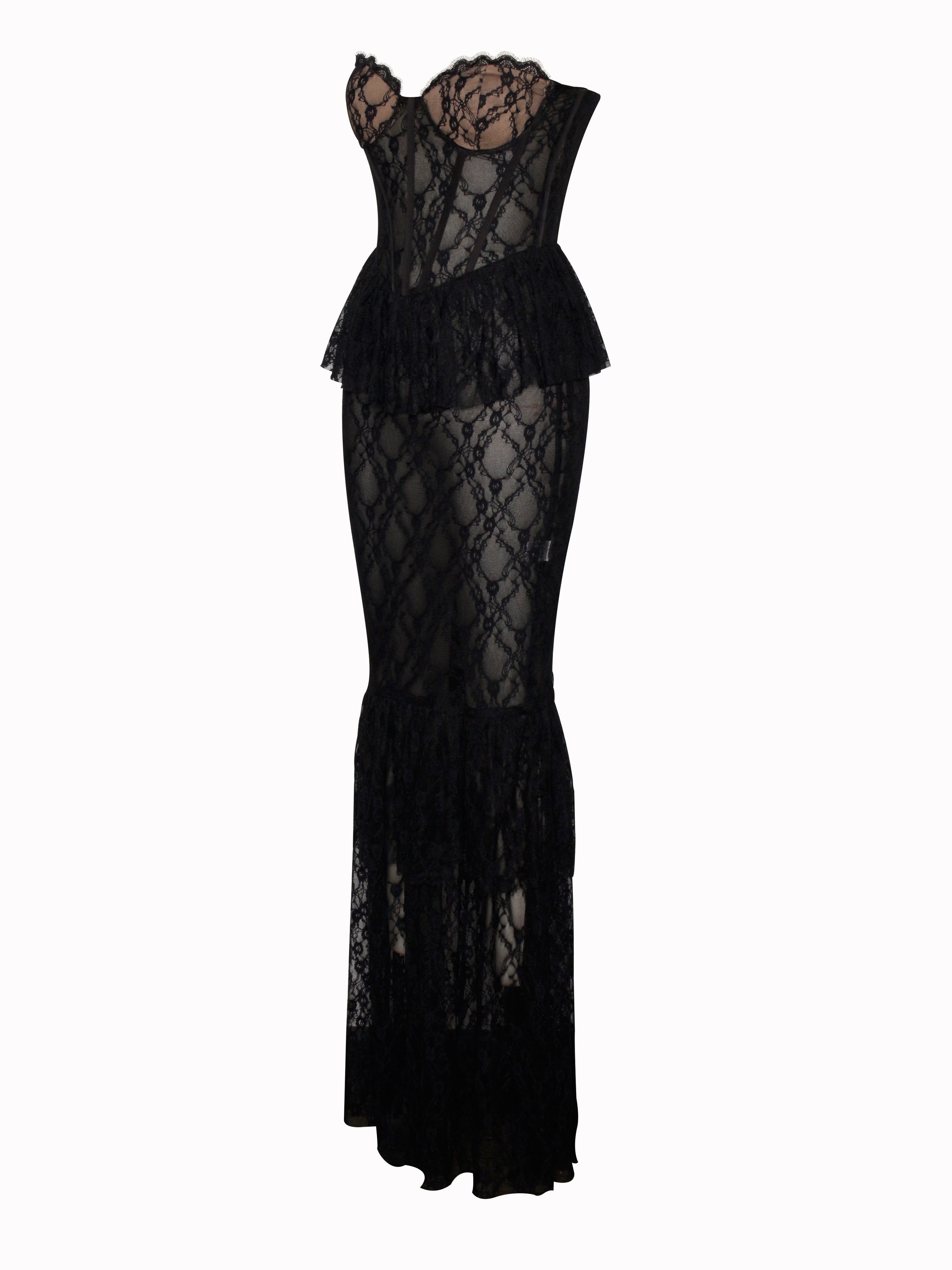 zenobia Black Lace strapless Corset Maxi Dress