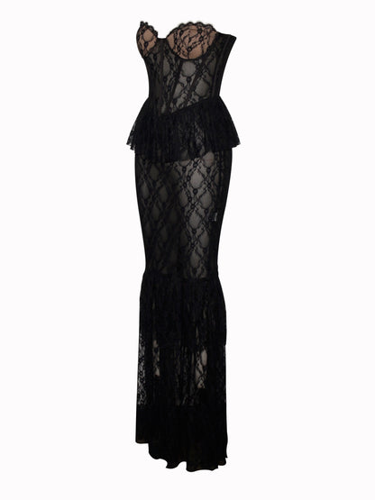 zenobia Black Lace strapless Corset Maxi Dress