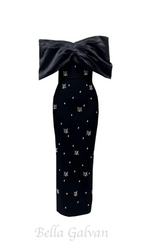 Flowering Girl Women draped bardot crystal detail maxi dress in black