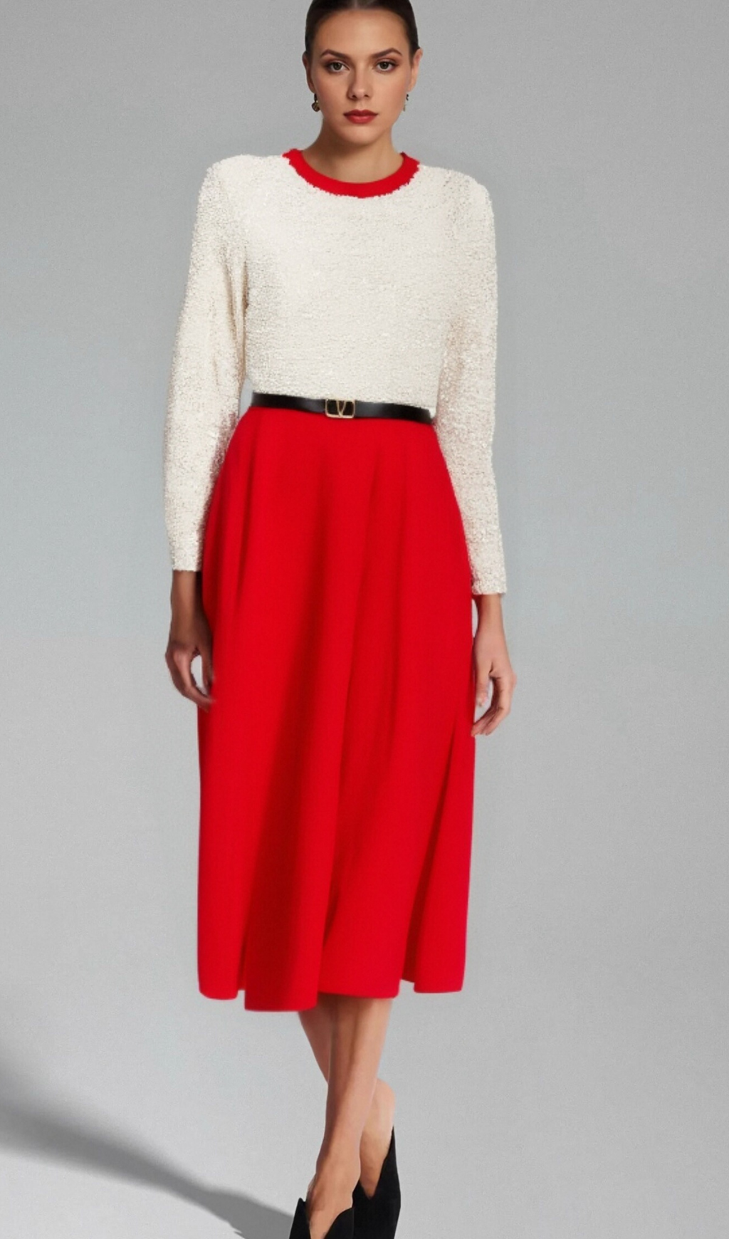 Flowering Girl Women Chloé red long-sleeve sequined patchwork midi dress