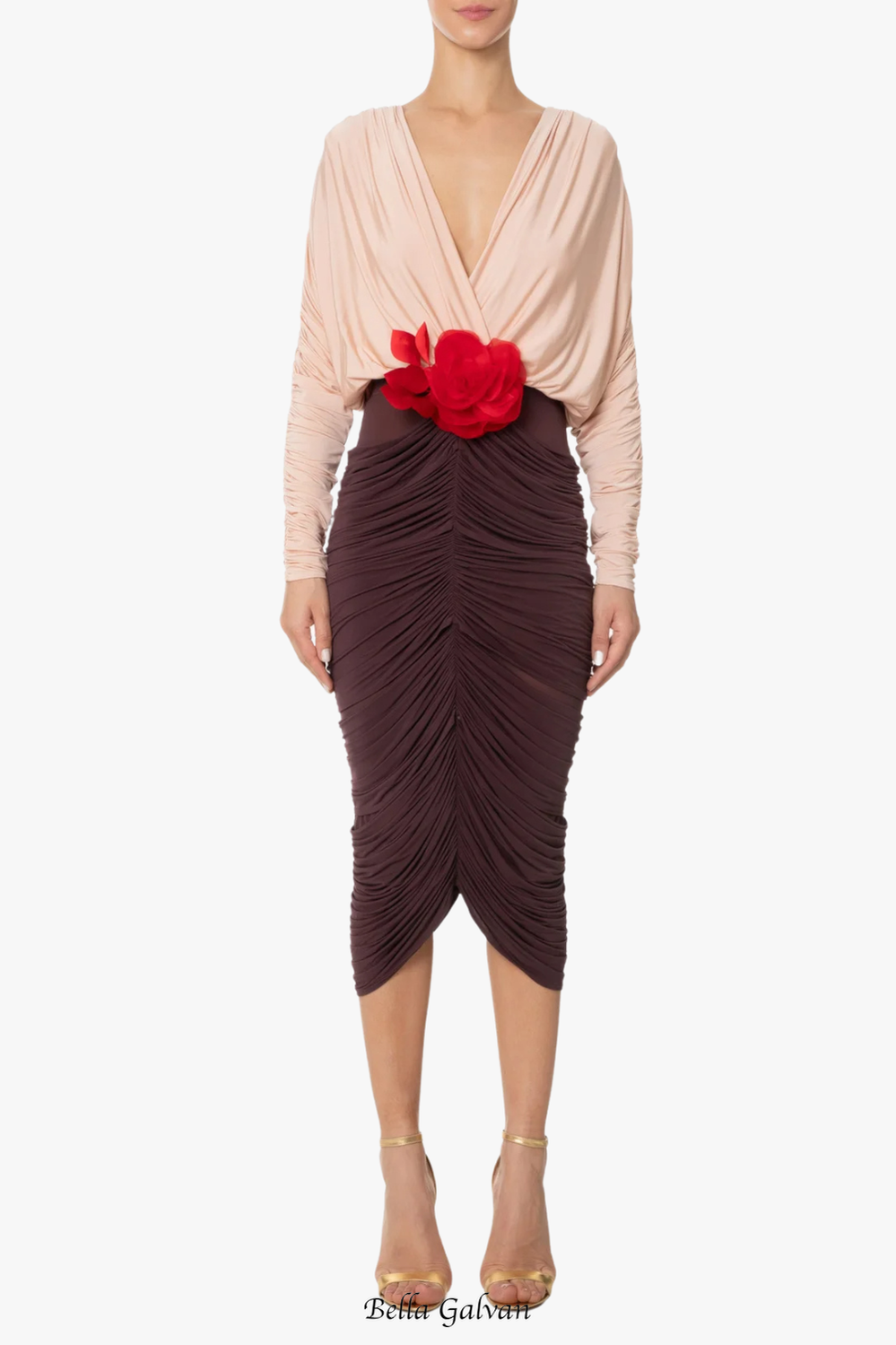 Flowering Girl Women Long Sleeve Two-Tone pleated Midi Dress in Brown