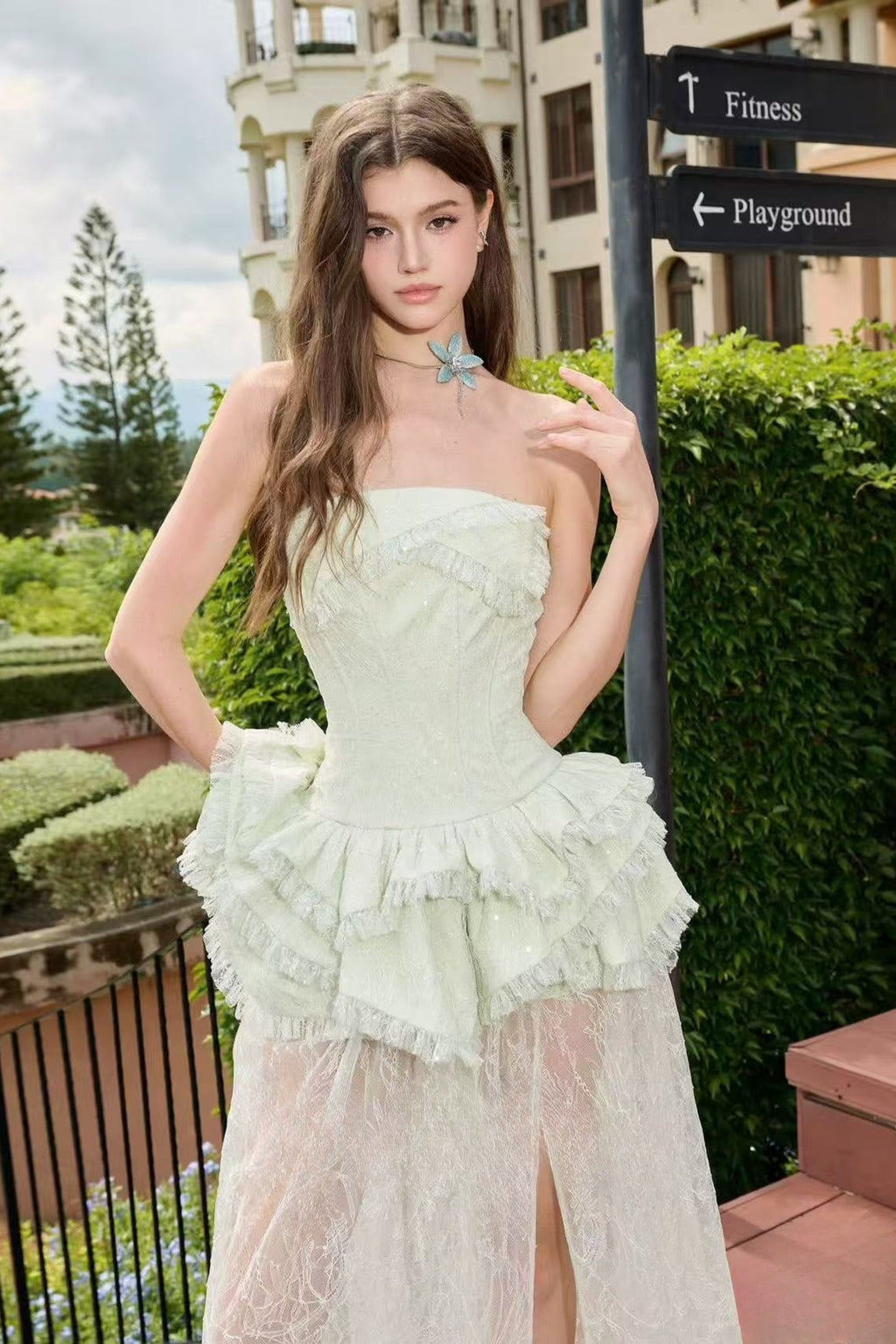 Tiffany Fitted Lace-Paneled Strapless Maxi Dress In Green