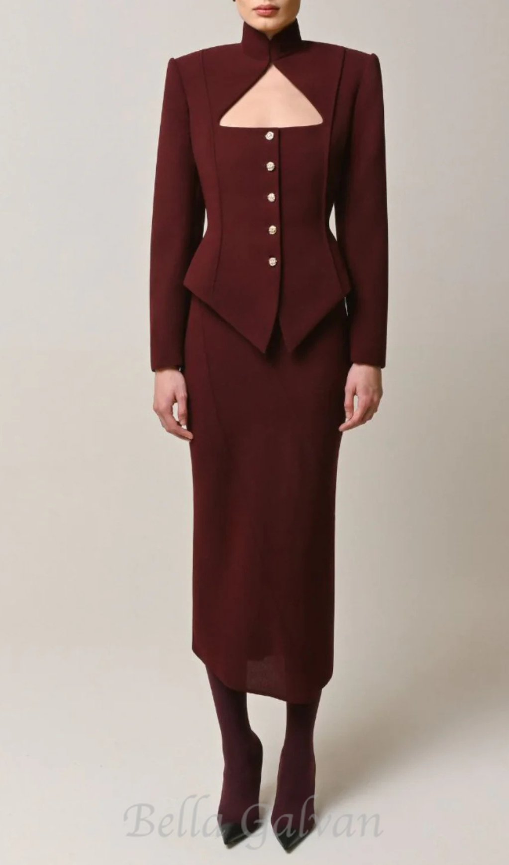 Flowering Girl Women Aymee Cutout Button Blazer in burgundy