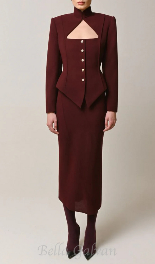 Flowering Girl Women Aymee Cutout Button Blazer in burgundy