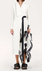 Flowering Girl Women Asymmetric pleated ruffle trim blazer dress in white