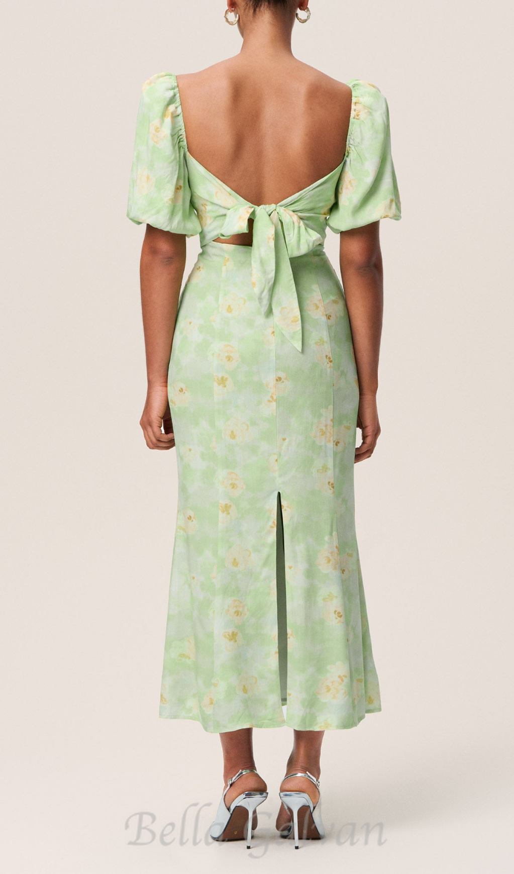 Flowering Girl Women puff sleeve floral square neckline midi dress in green