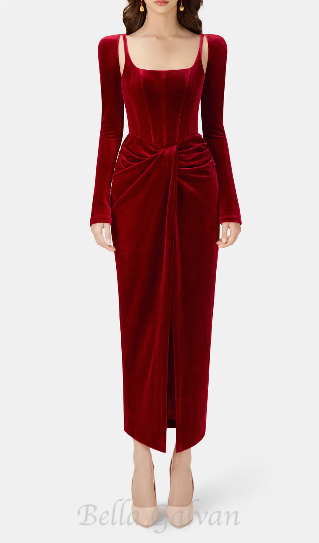 Flowering Girl Women Bordeaux Velvet Draped midi Dress