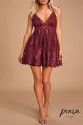 Flowering Girl Women V Neck Tulle Lace Short Burgundy Prom Dresses