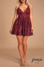 Flowering Girl Women V Neck Tulle Lace Short Burgundy Prom Dresses