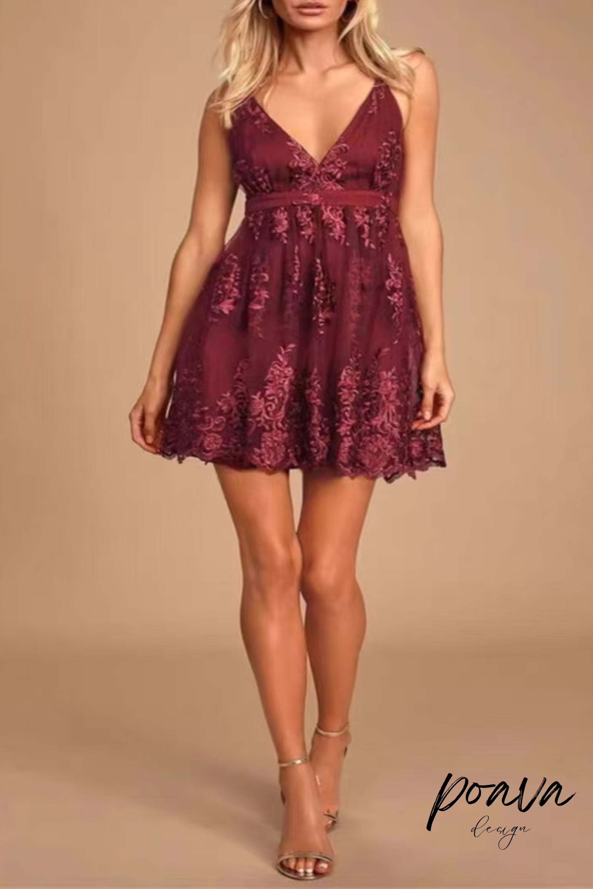 Flowering Girl Women V Neck Tulle Lace Short Burgundy Prom Dresses