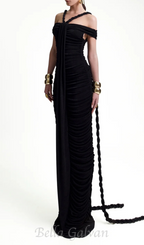 Flowering Girl Women cara black off-shoulder ruched bodycon maxi dress with rope embellished