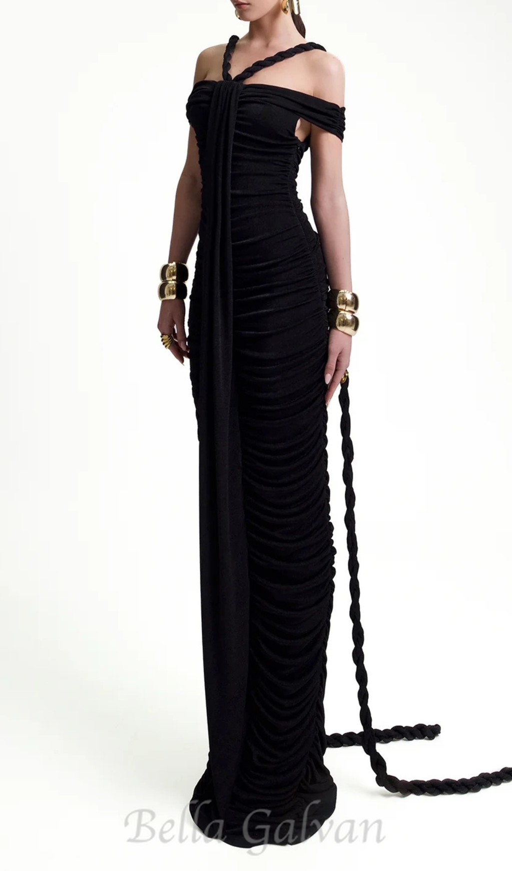 Flowering Girl Women cara black off-shoulder ruched bodycon maxi dress with rope embellished