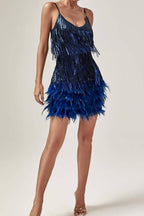 Flowering Girl Women Tassel Feather Mini Dress In Royal Blue