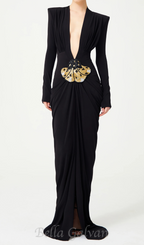 Flowering Girl Women Black Stretchy Gold Flower Embroidered V-Neck Long Sleeved Maxi Dress