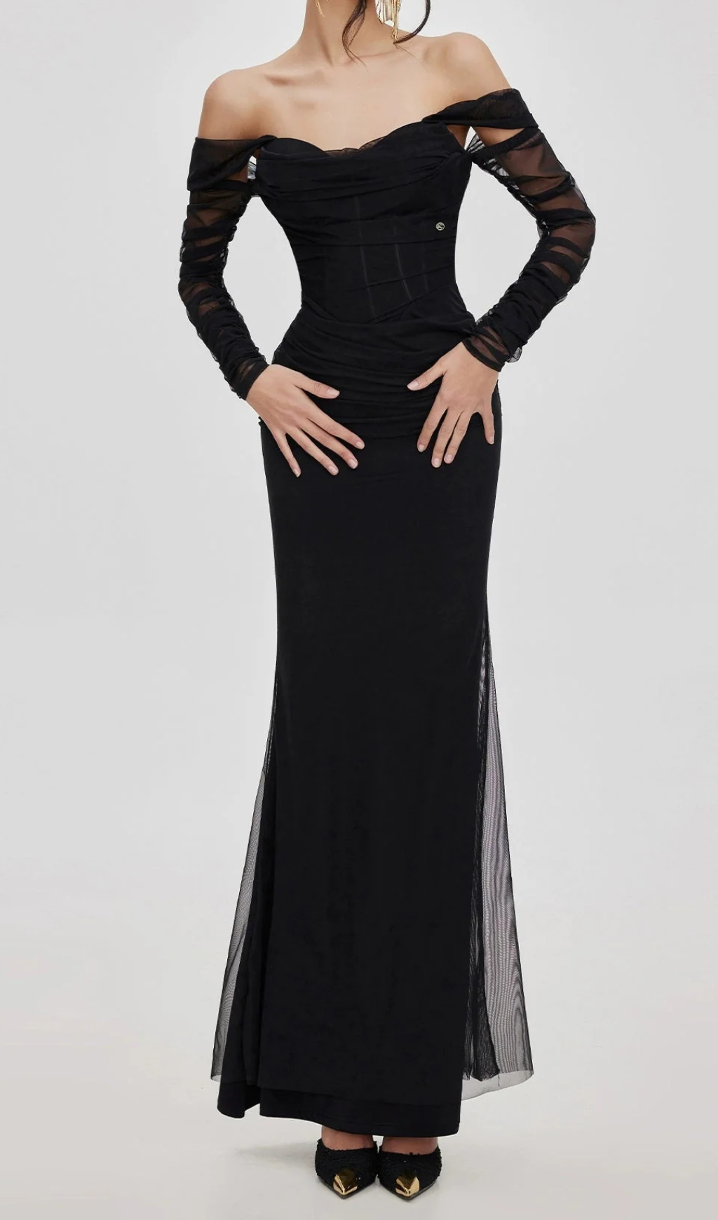 Ariel Black Mesh Off-Shoulder Mermaid Maxi Dress