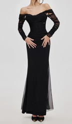 Ariel Black Mesh Off-Shoulder Mermaid Maxi Dress