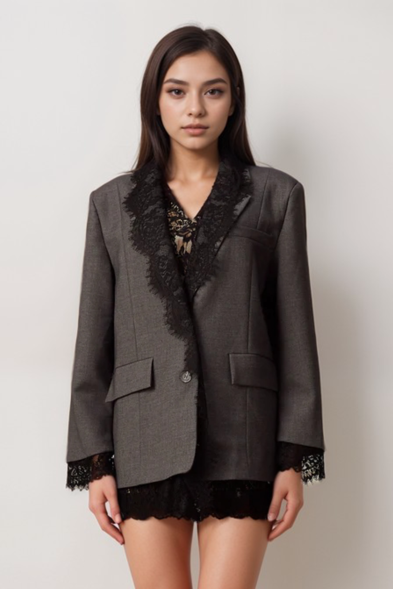 Flowering Girl Women Dianthe Grey Lace-Panel Blazer