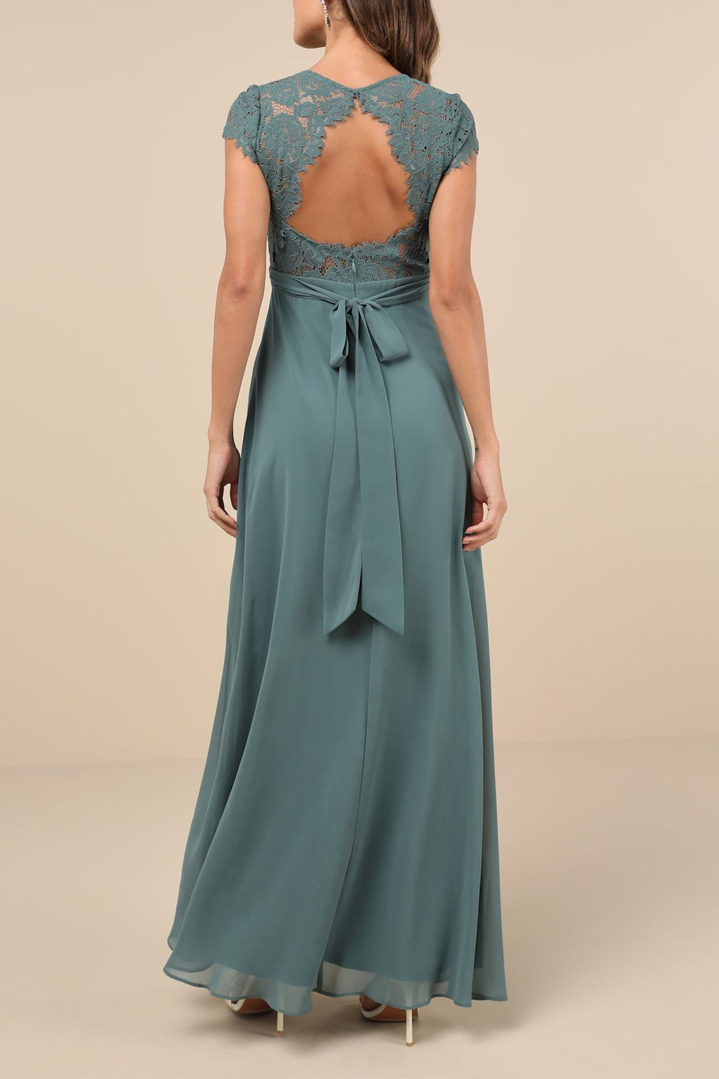 Flowering Girl Women Dark Sage Green Lace Backless Maxi Dress